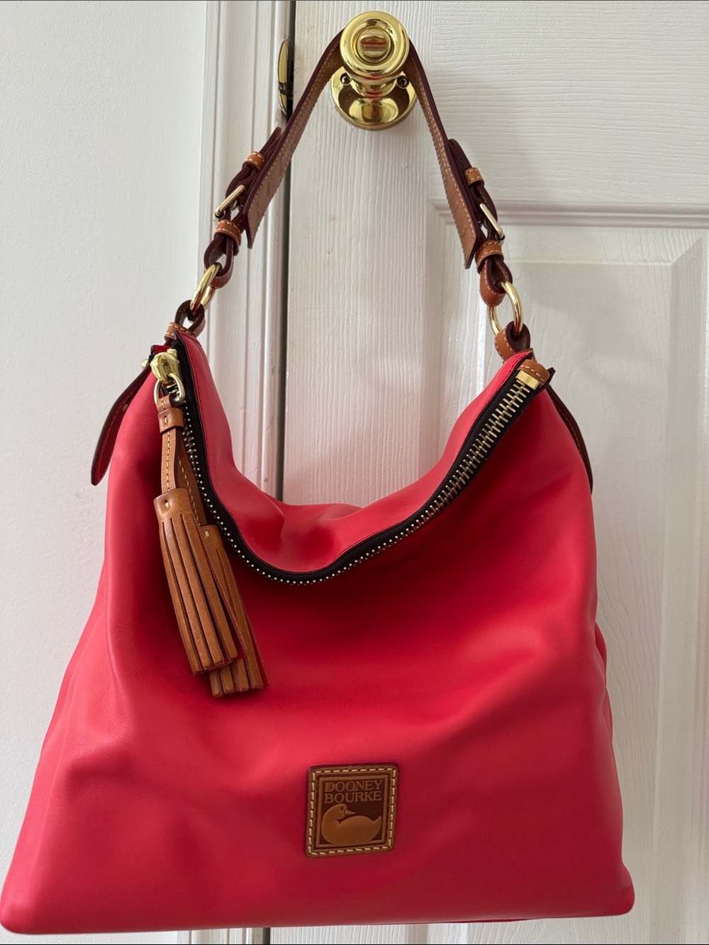 Dooney & Bourke Smooth Leather Hobo with Tan Leather Trim in Geranium